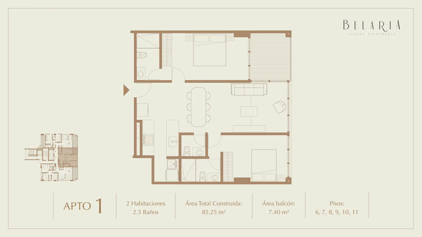Plano Apto 1, 2 alcobas 85,25 m²