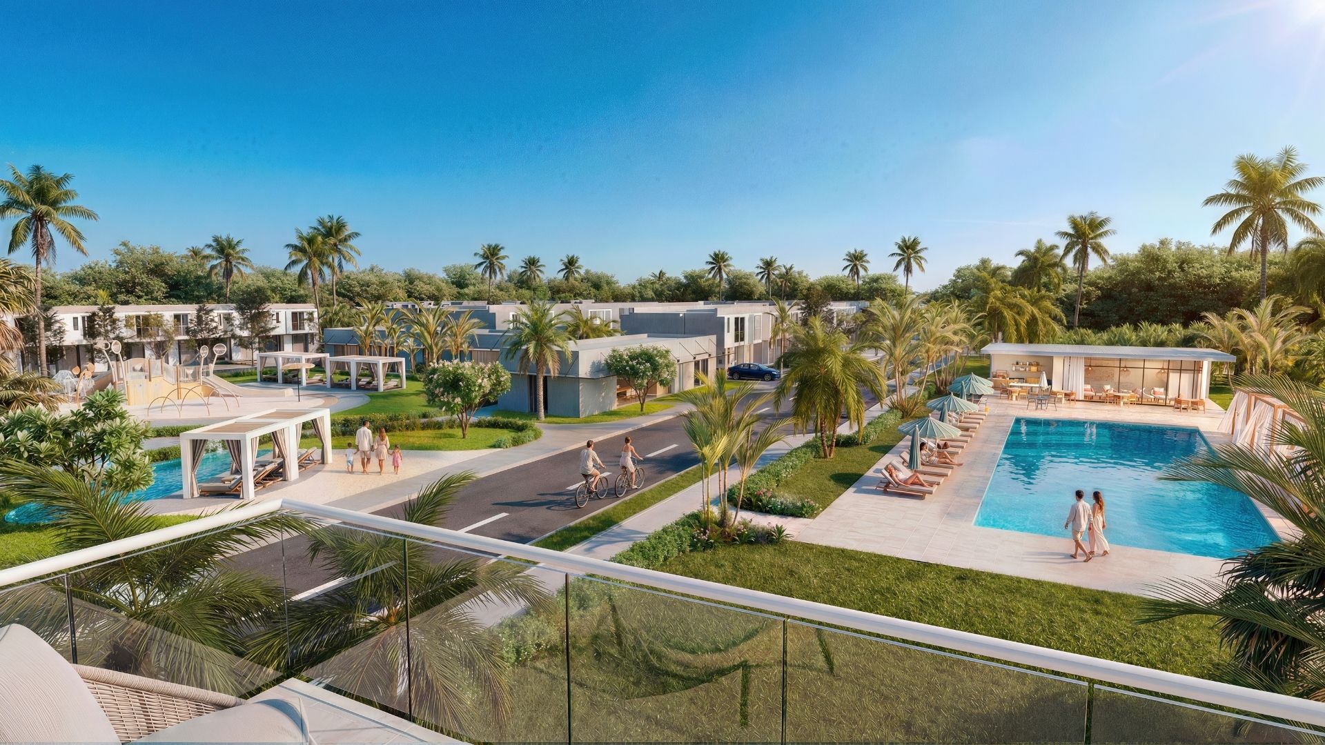 Aerial view of the homes and central pool