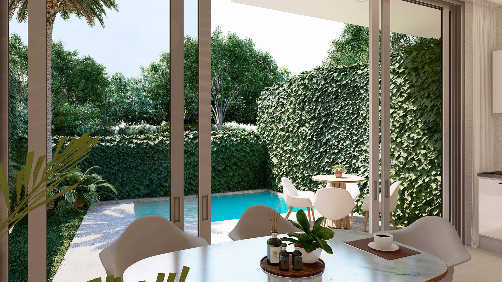 Open dining area facing the private pool