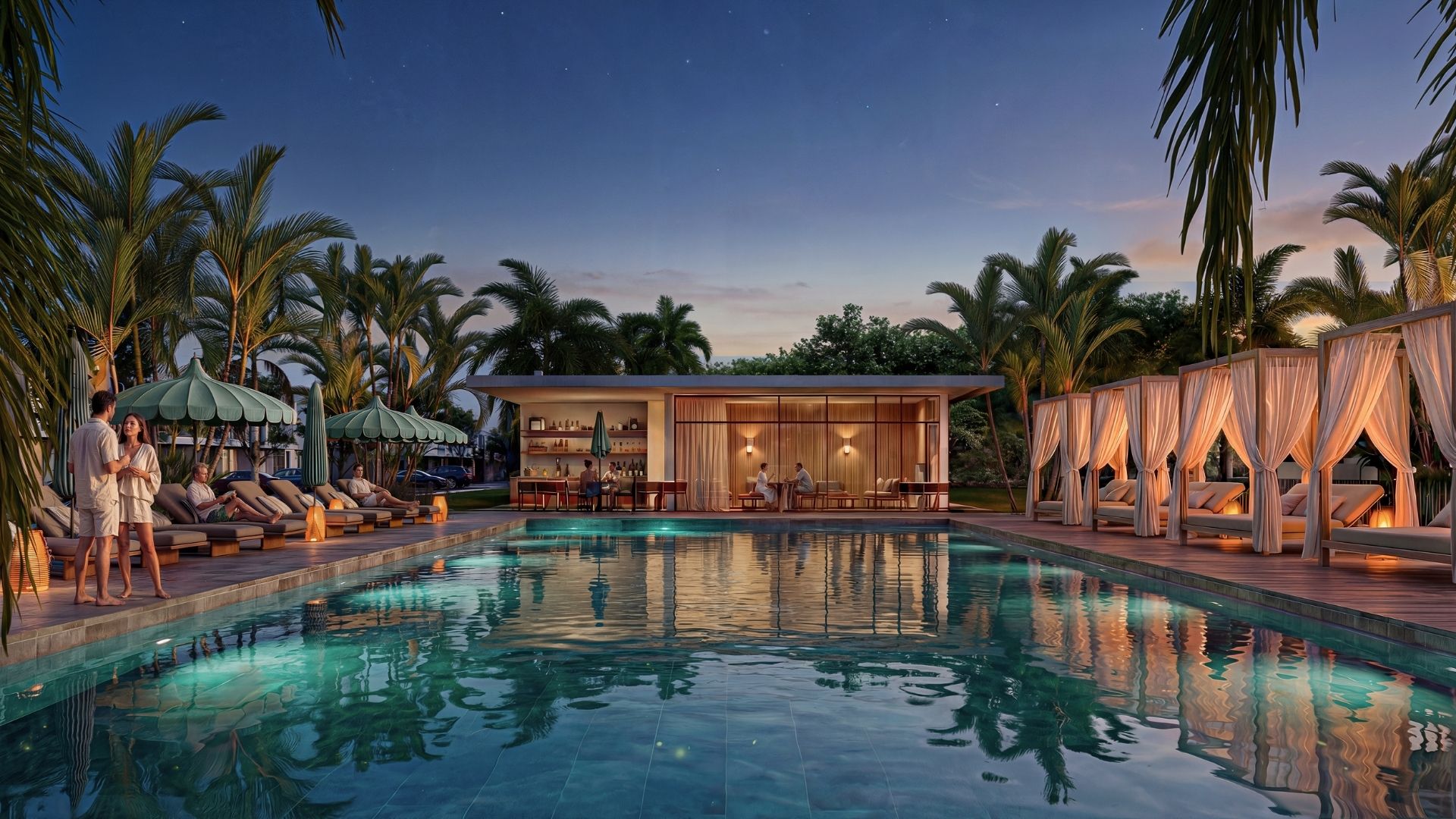 Pool and club house lit at night