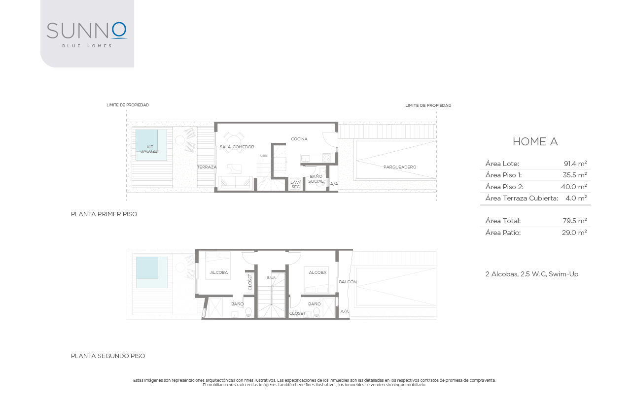 Home A floor plan: 79.5 m², 2 bedrooms, 2.5 baths, swim-up