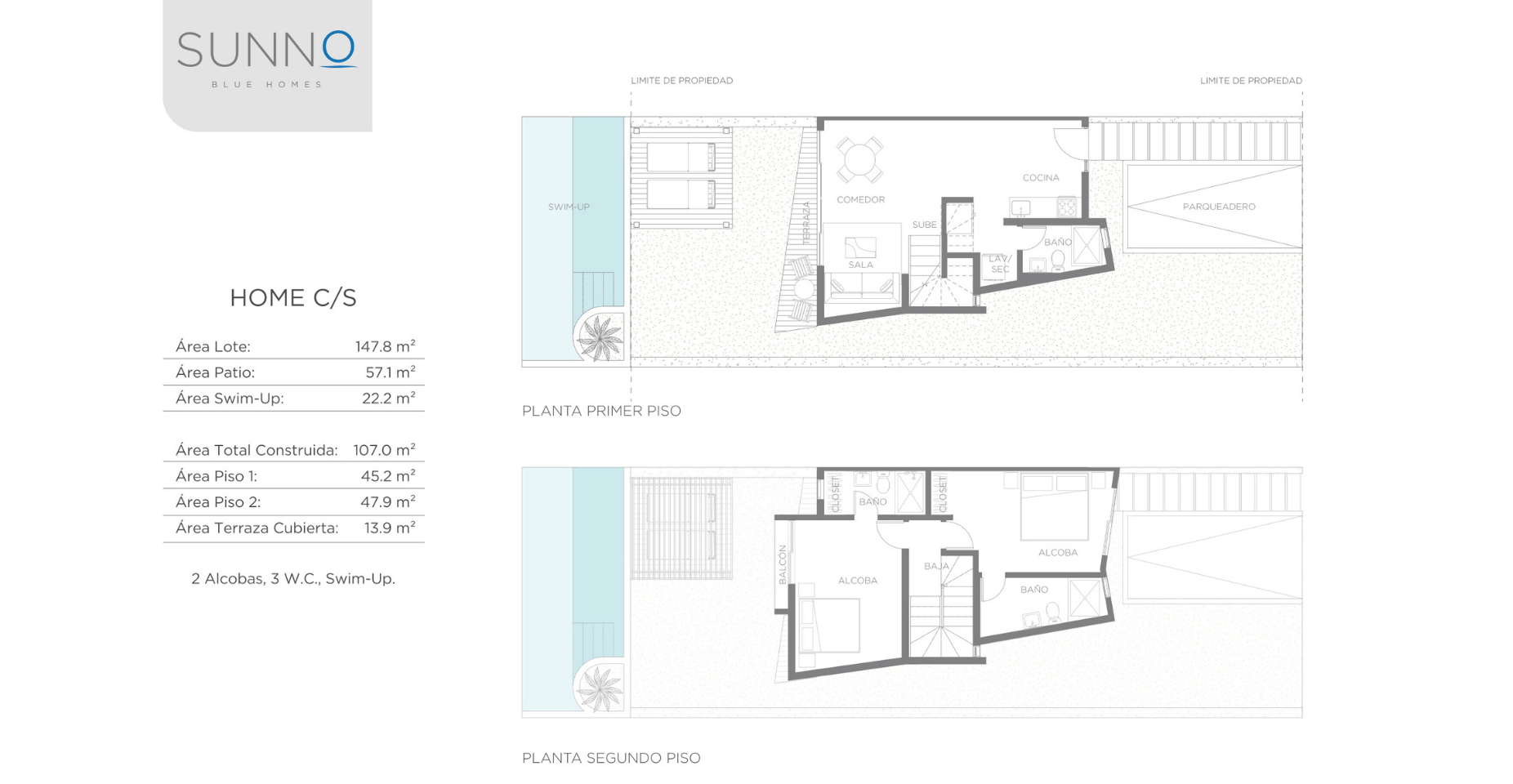 Home C/S floor plan: 107 m², 2 bedrooms, 3 baths, swim-up