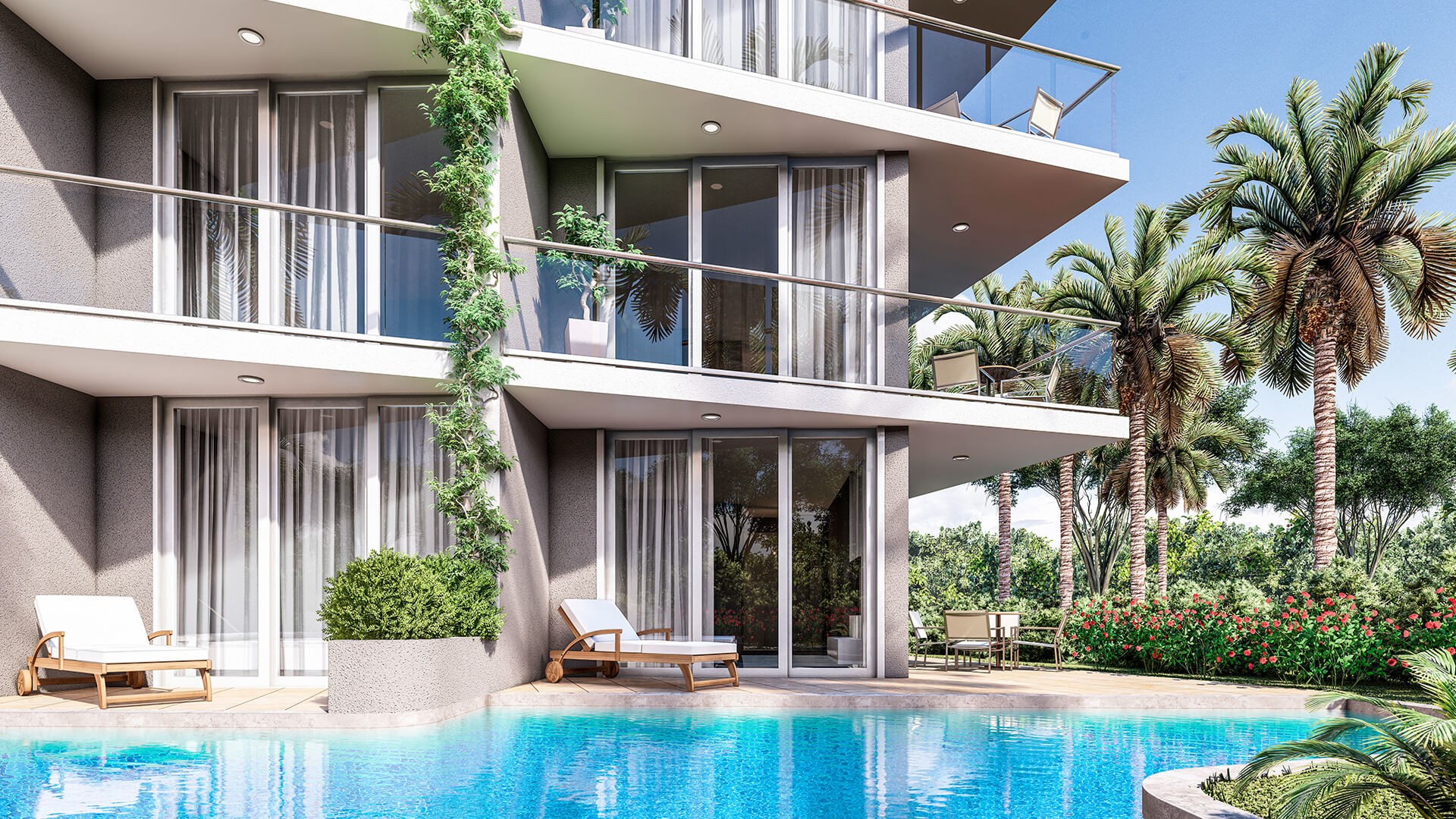 Suite facade with pool and terrace